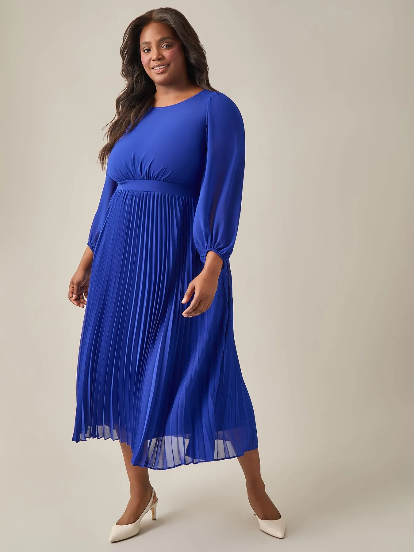 Plus Size A-Line Balloon Sleeve Midi Dress, Royal Signature