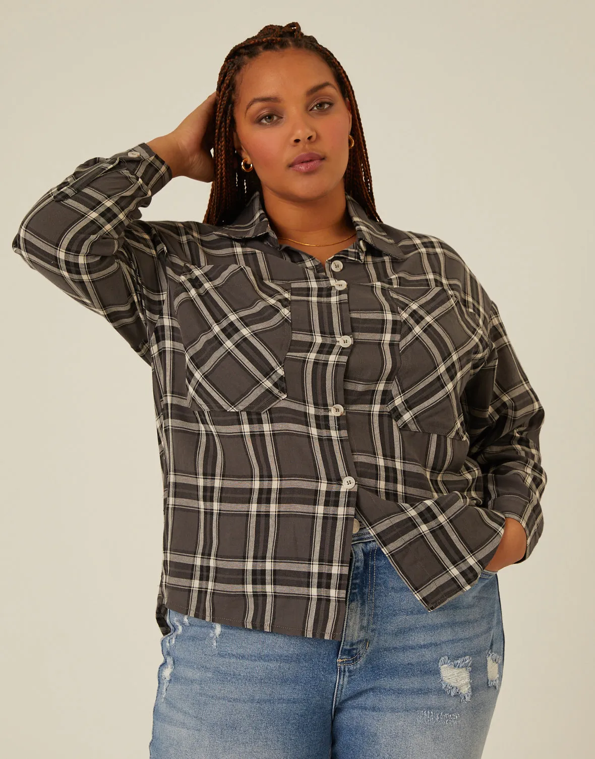 Plus Size Button-Up Plaid Shirt
