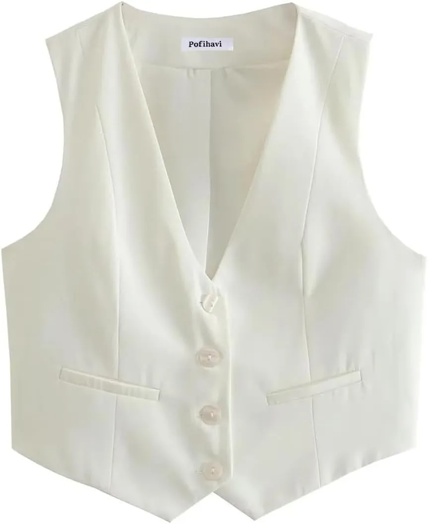 Pofihavi Cropped Suit Vest for Women 2024 Button Up Business Casual Dressy Waistcoat Vest Tops