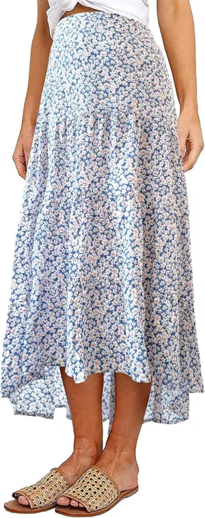 PRETTYGARDEN Women's Ditzy Floral Print Midi Skirt Boho Elastic High Waist Long Skirts for Women Trendy High Low Hem