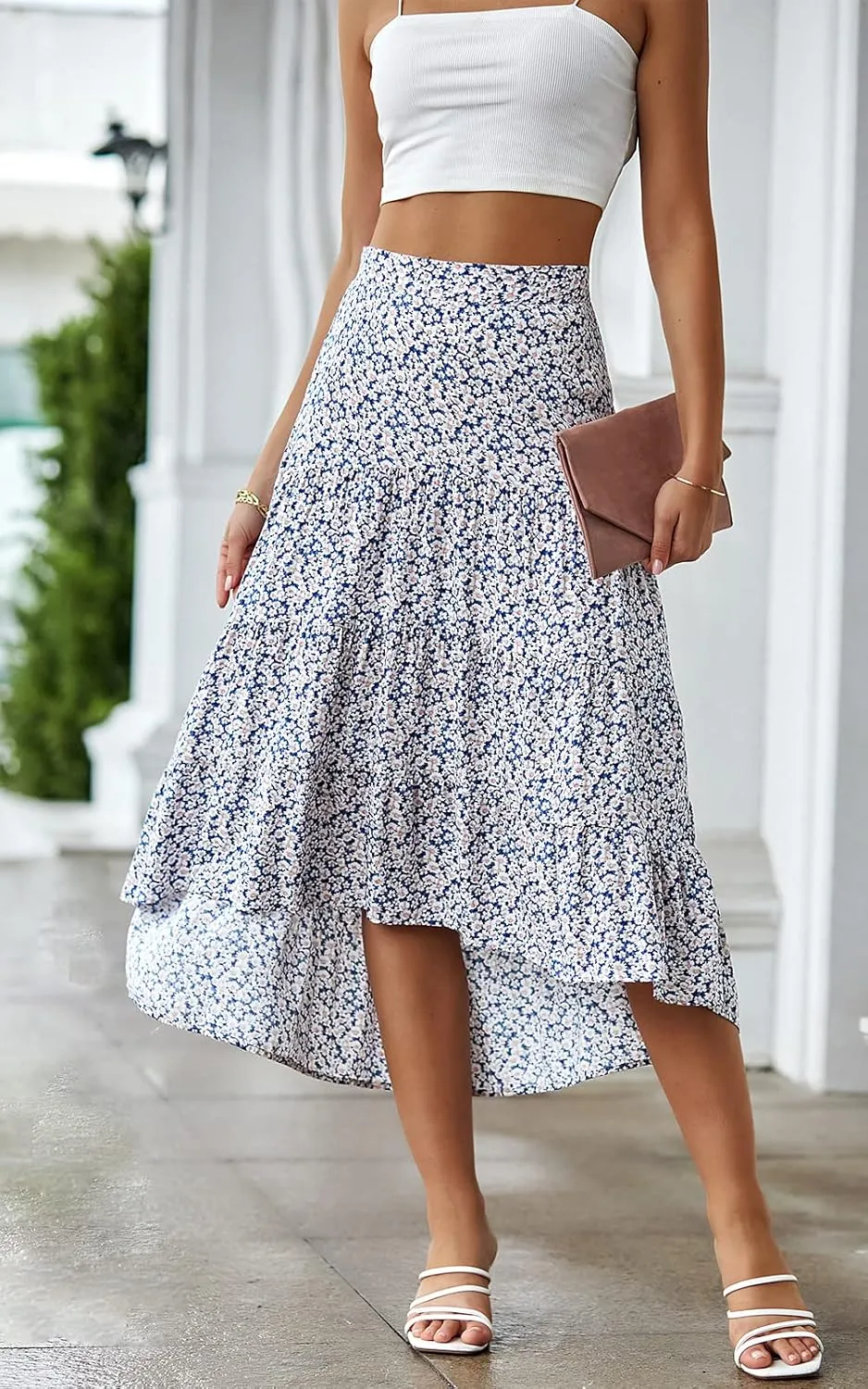 PRETTYGARDEN Women's Ditzy Floral Print Midi Skirt Boho Elastic High Waist Long Skirts for Women Trendy High Low Hem