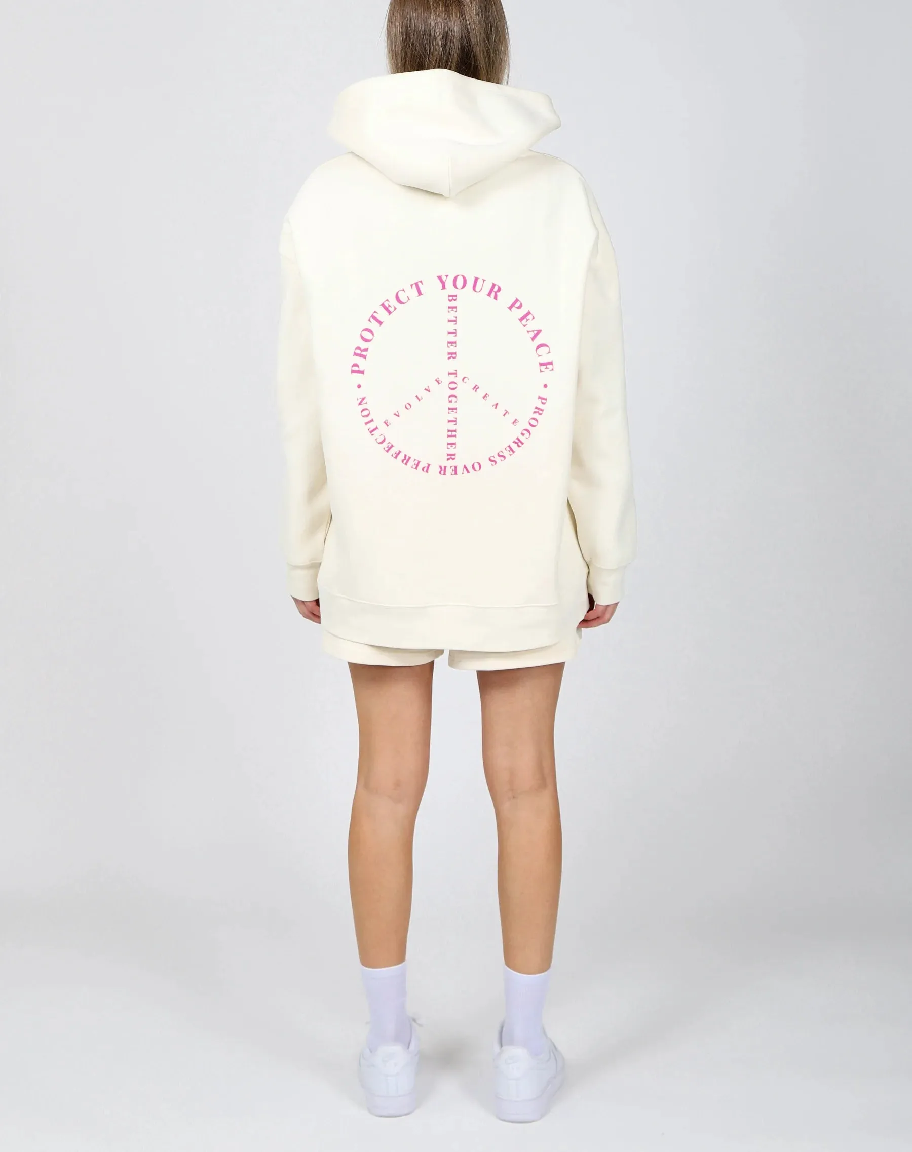 "PROTECT YOUR PEACE" Big Sister Hoodie | Almond Milk & Pink