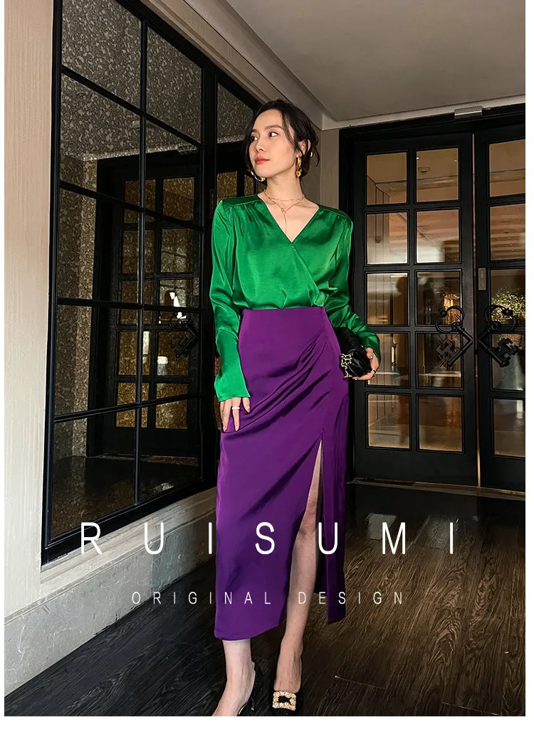 Retro jewel green V-neck shirt top   pencil slit pleated purple skirt suit set - Natu