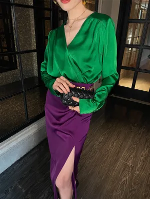 Retro jewel green V-neck shirt top   pencil slit pleated purple skirt suit set - Natu