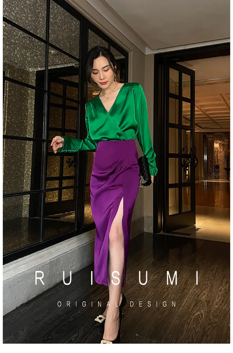 Retro jewel green V-neck shirt top   pencil slit pleated purple skirt suit set - Natu