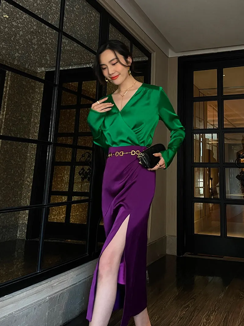 Retro jewel green V-neck shirt top   pencil slit pleated purple skirt suit set - Natu