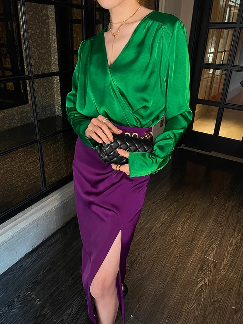 Retro jewel green V-neck shirt top   pencil slit pleated purple skirt suit set - Natu