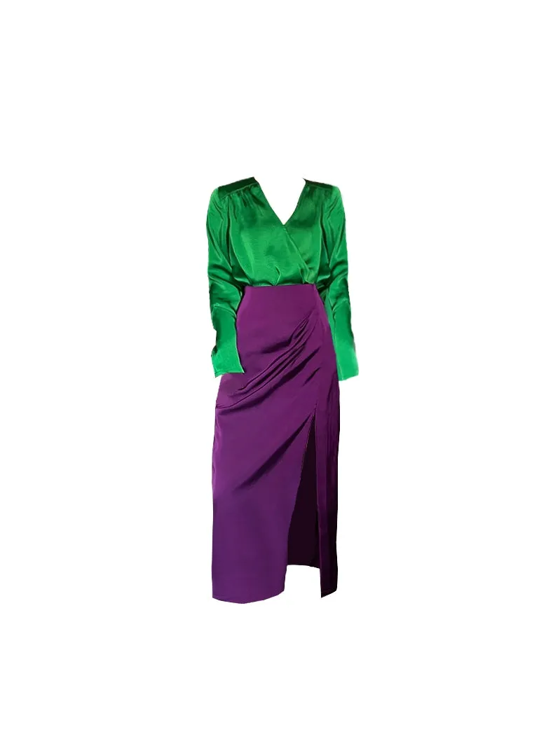 Retro jewel green V-neck shirt top   pencil slit pleated purple skirt suit set - Natu