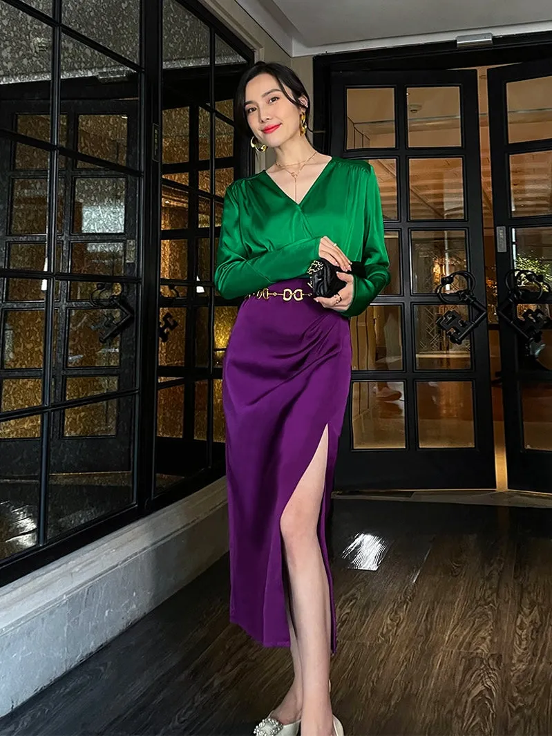 Retro jewel green V-neck shirt top   pencil slit pleated purple skirt suit set - Natu
