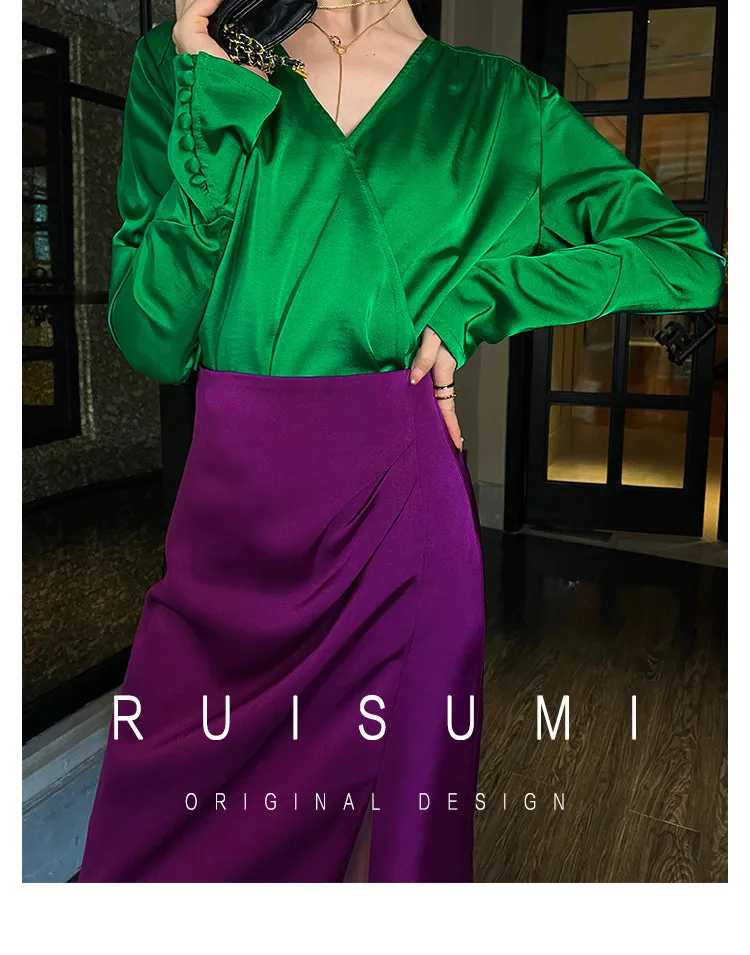 Retro jewel green V-neck shirt top   pencil slit pleated purple skirt suit set - Natu