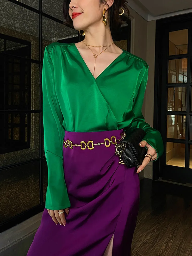 Retro jewel green V-neck shirt top   pencil slit pleated purple skirt suit set - Natu