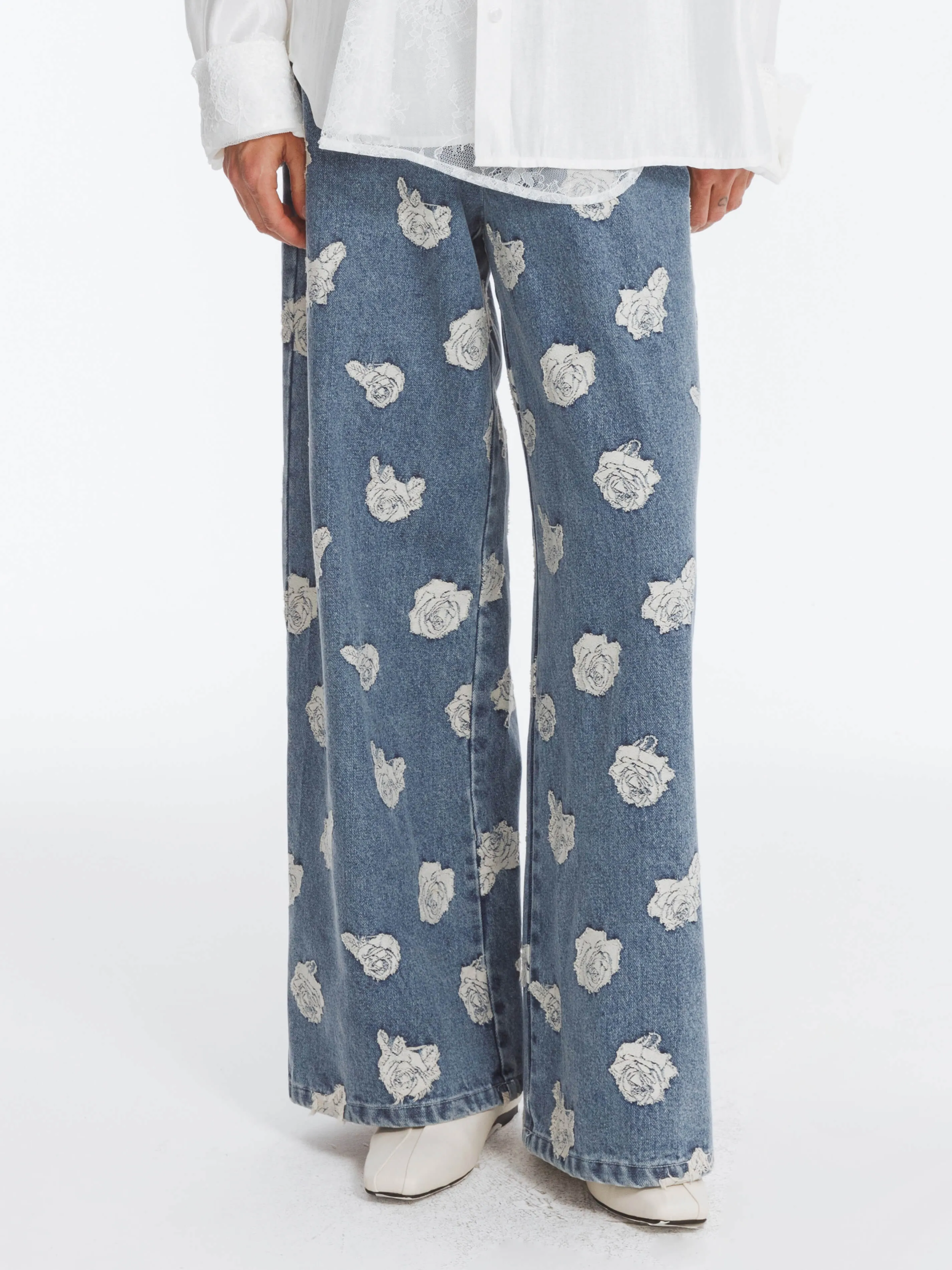 Retro Rose Print Washed Straight Leg Jeans