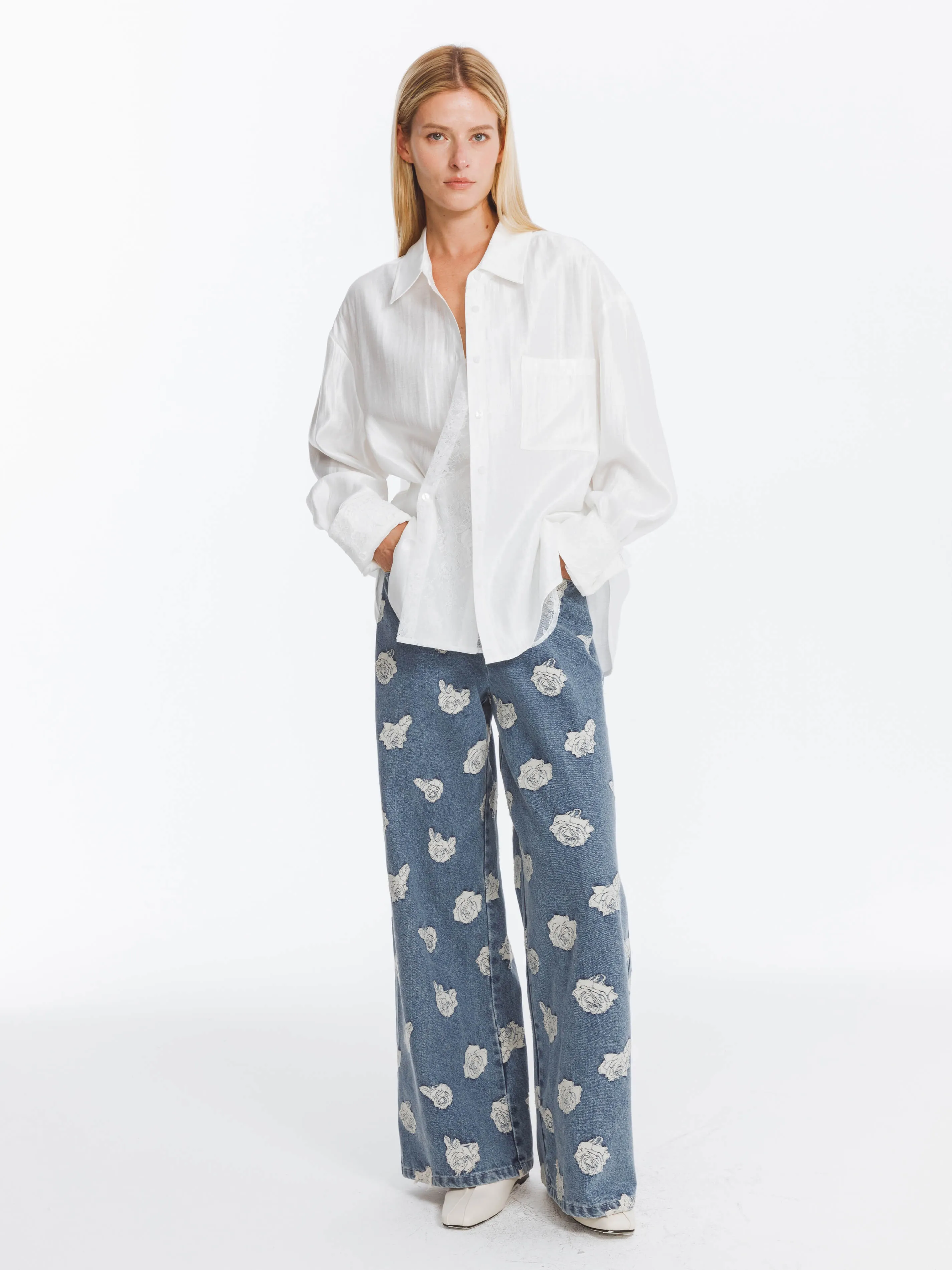Retro Rose Print Washed Straight Leg Jeans