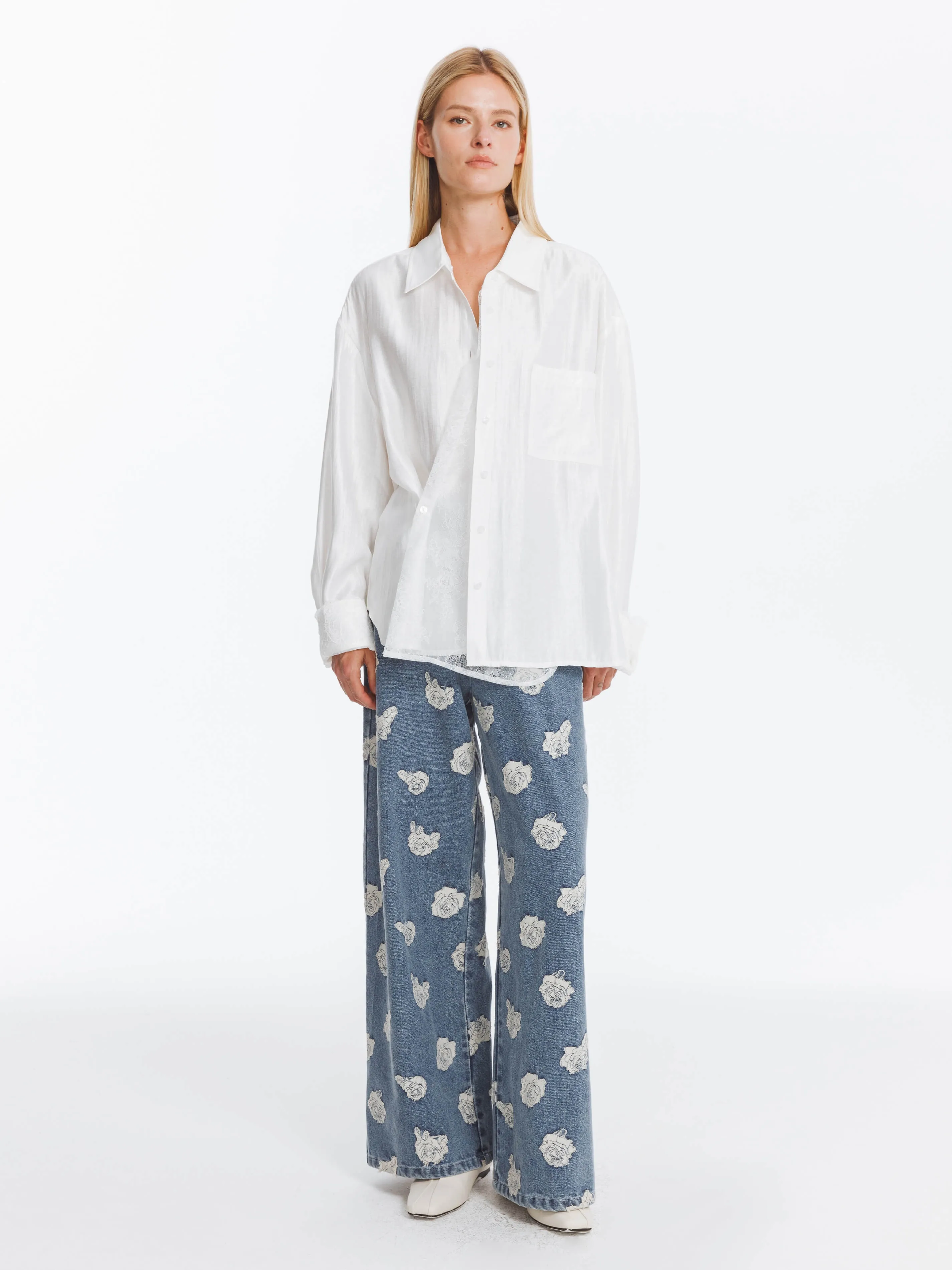 Retro Rose Print Washed Straight Leg Jeans