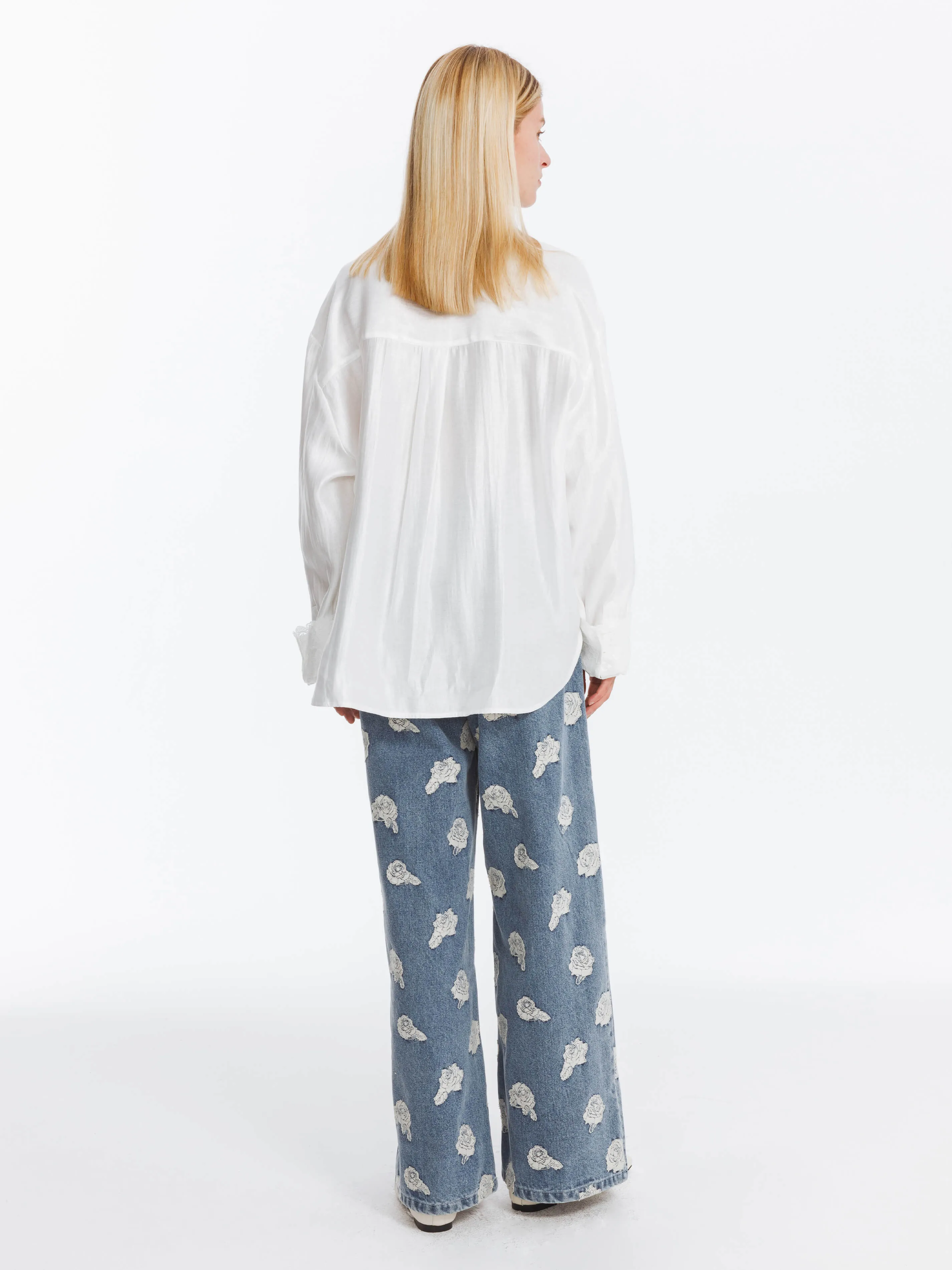 Retro Rose Print Washed Straight Leg Jeans