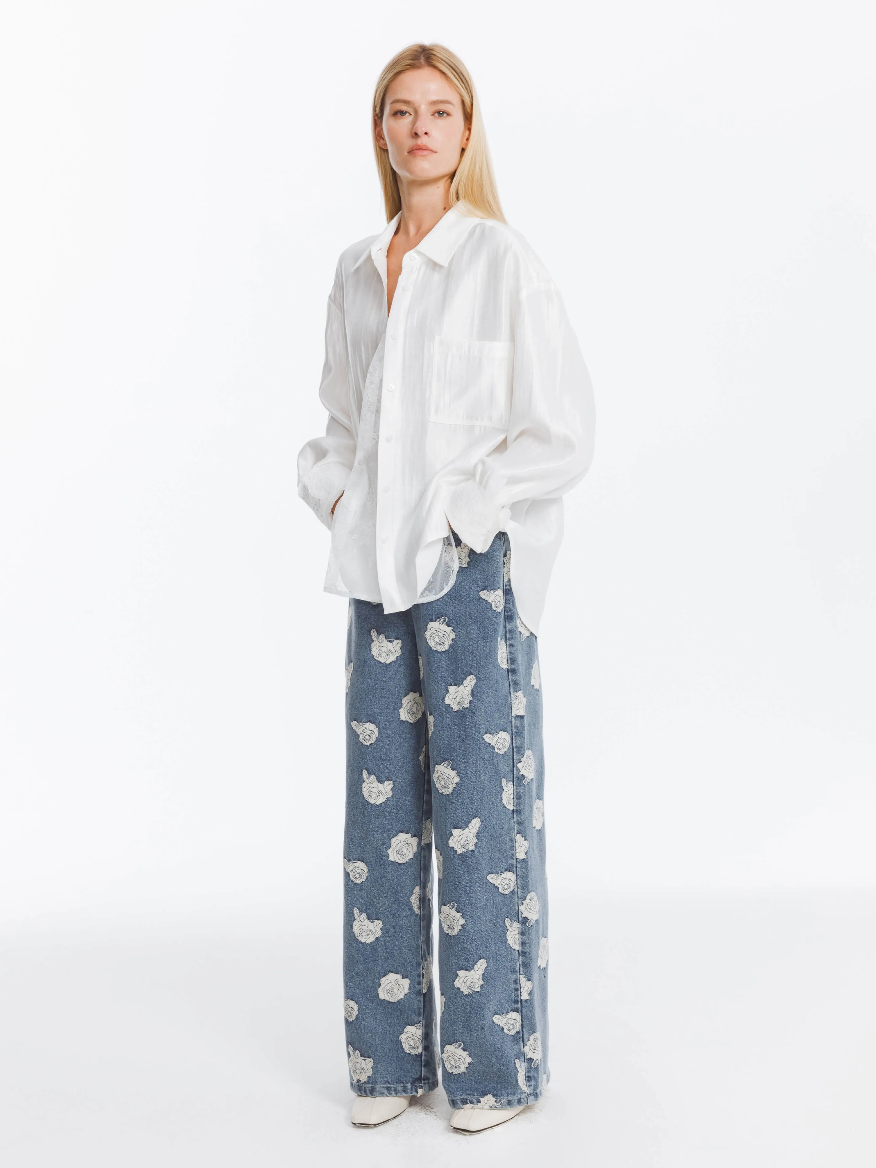 Retro Rose Print Washed Straight Leg Jeans