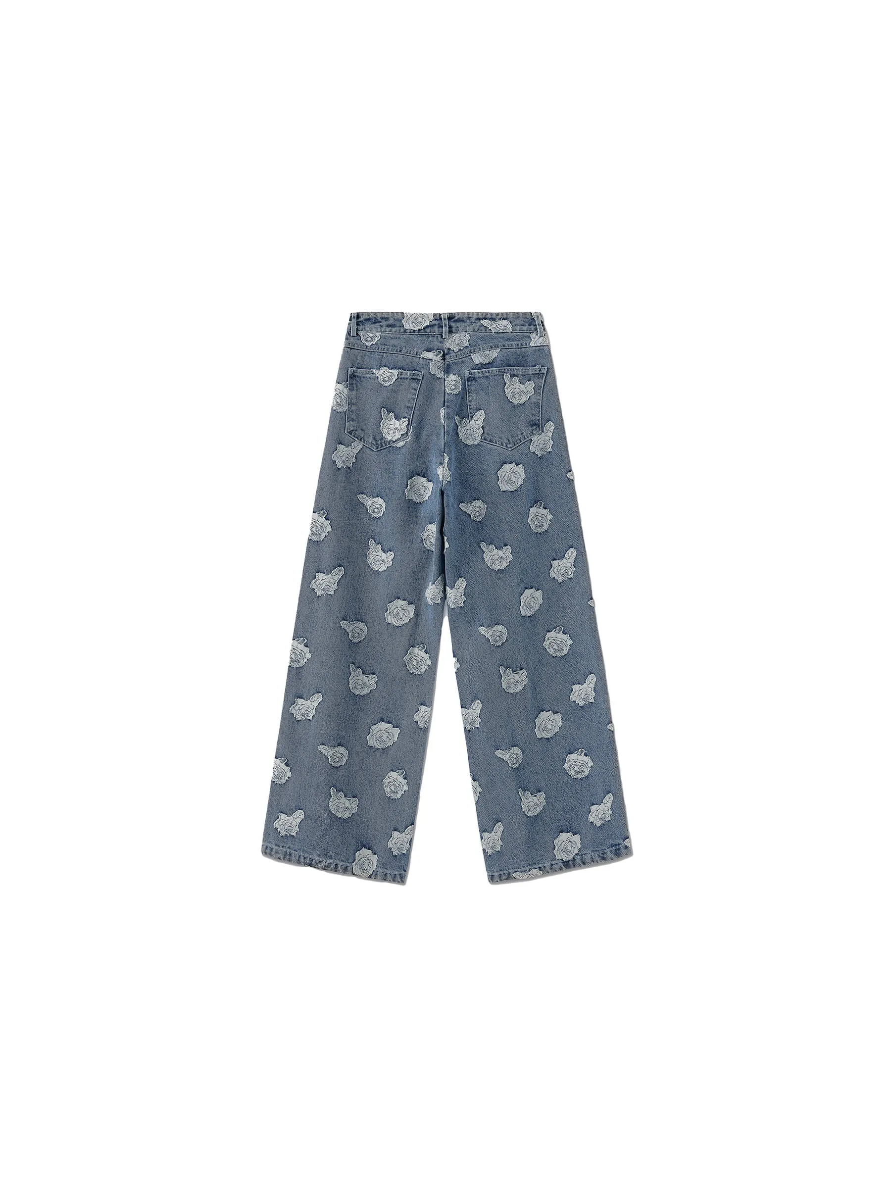 Retro Rose Print Washed Straight Leg Jeans