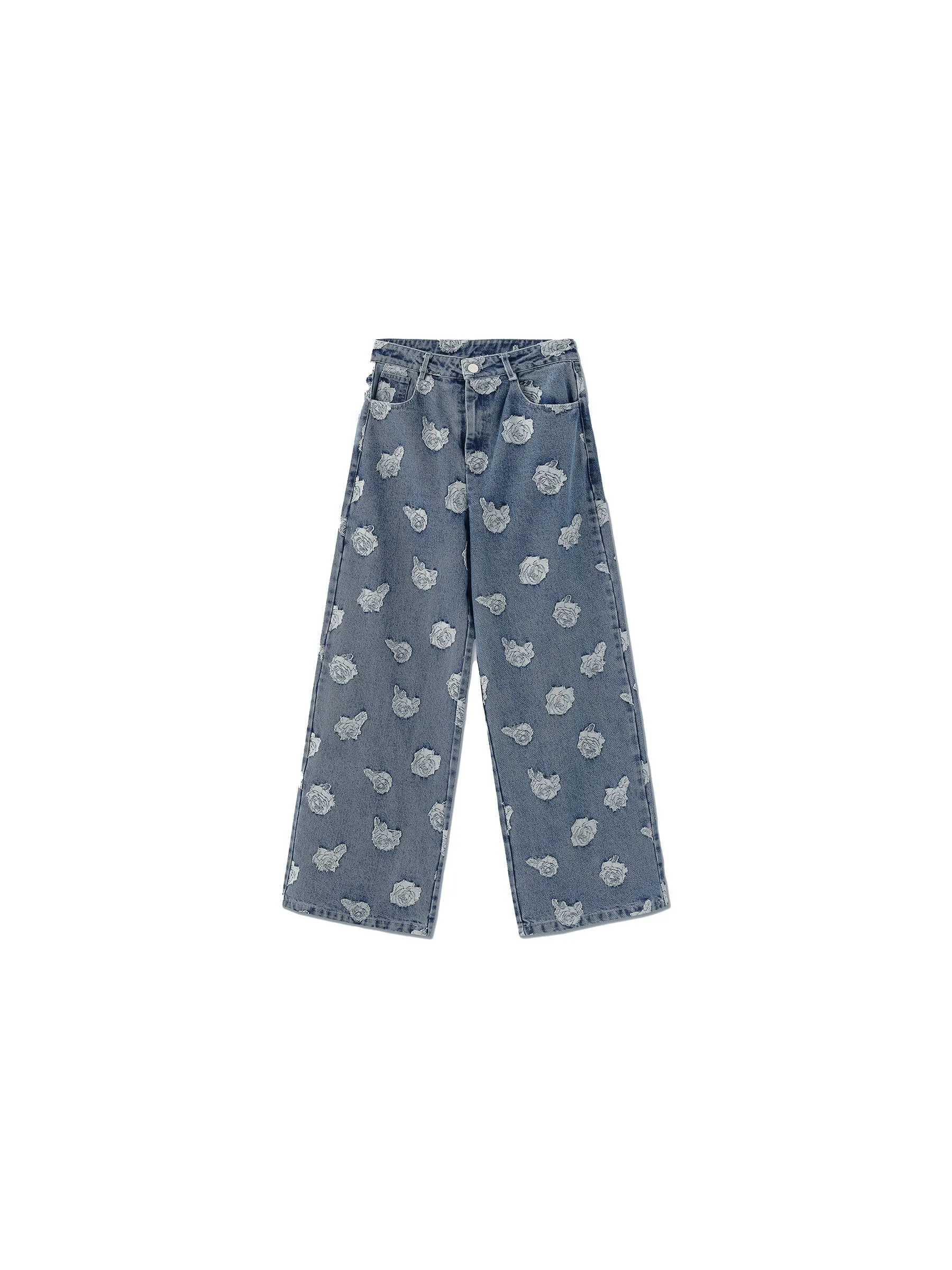 Retro Rose Print Washed Straight Leg Jeans