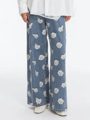 Retro Rose Print Washed Straight Leg Jeans