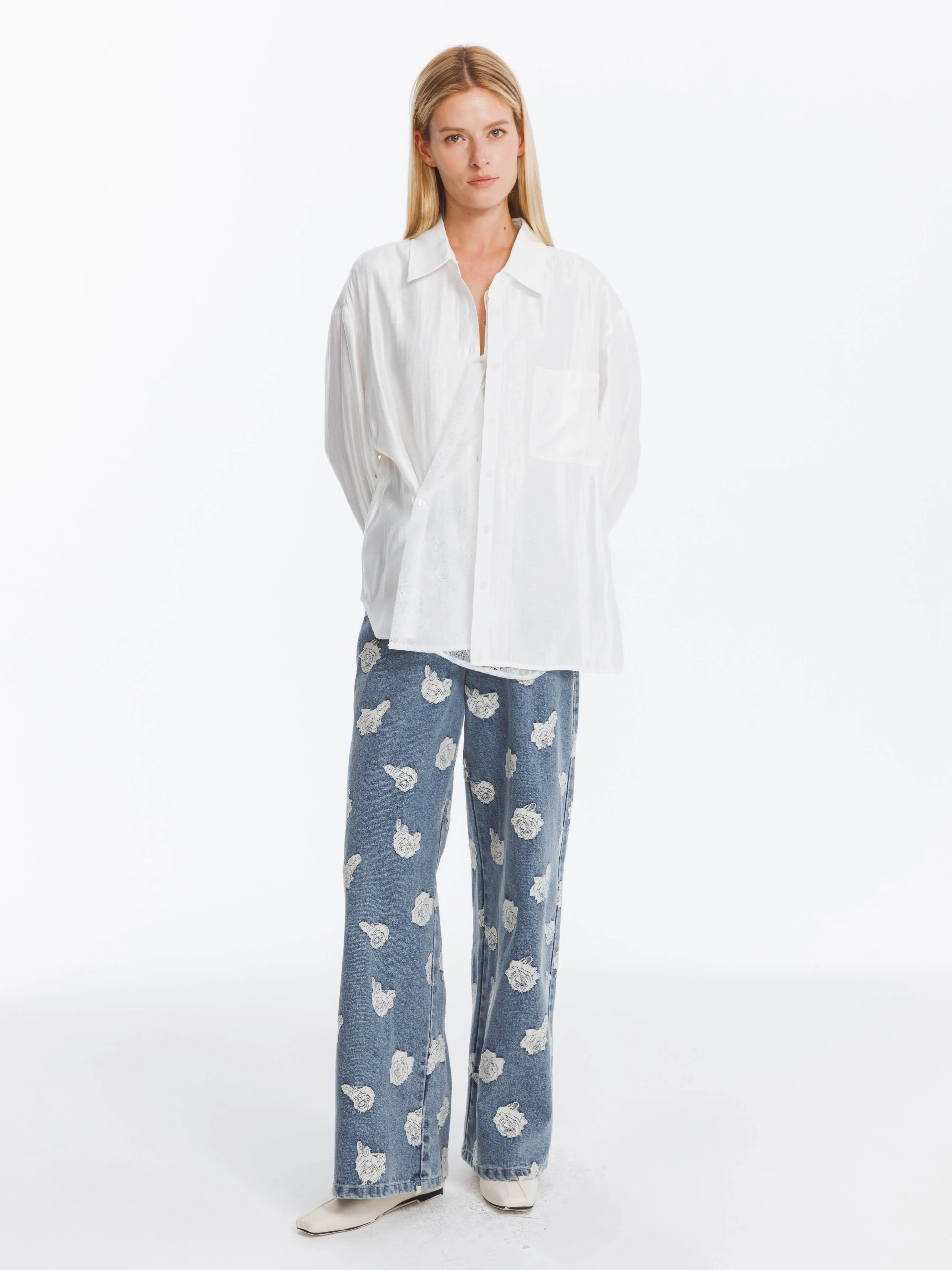 Retro Rose Print Washed Straight Leg Jeans