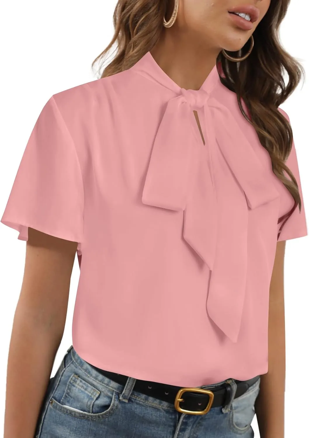 Rooscier Women's Bow Tie Neck Short Sleeve Casual Office Work Blouse Shirts Tops