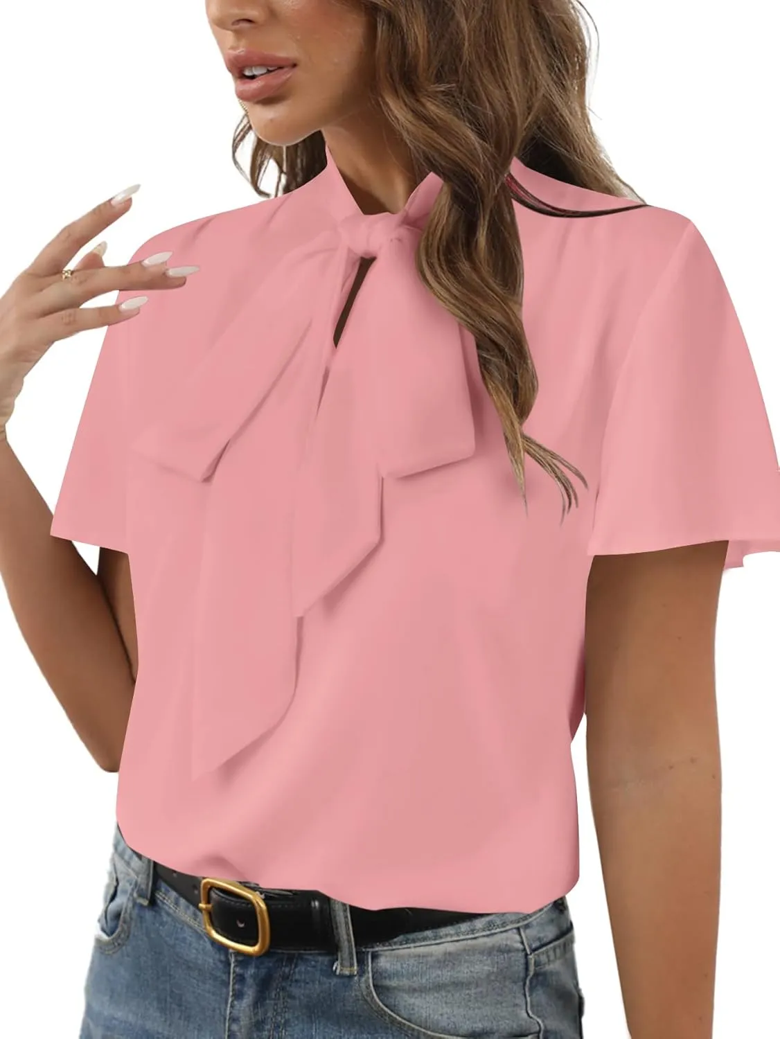 Rooscier Women's Bow Tie Neck Short Sleeve Casual Office Work Blouse Shirts Tops
