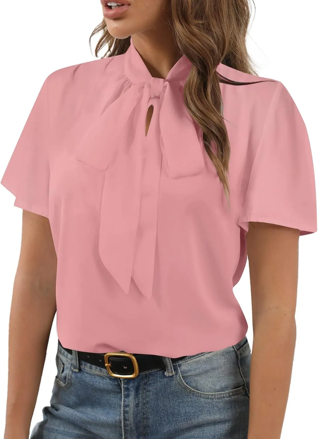 Rooscier Women's Bow Tie Neck Short Sleeve Casual Office Work Blouse Shirts Tops