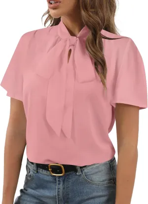 Rooscier Women's Bow Tie Neck Short Sleeve Casual Office Work Blouse Shirts Tops