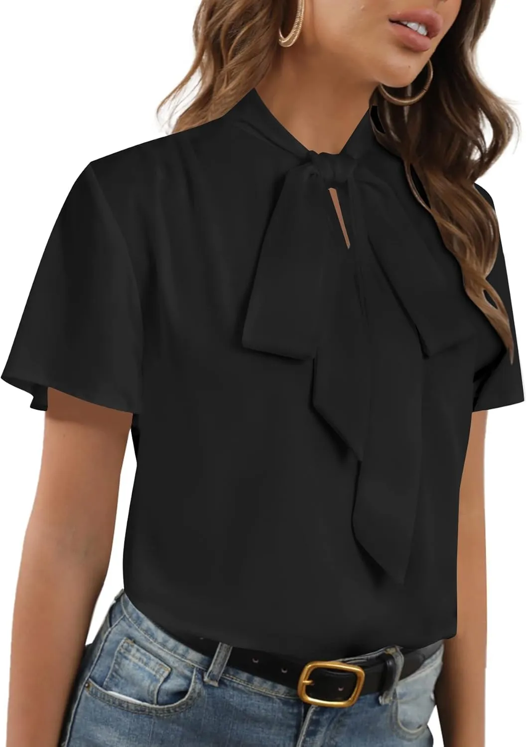 Rooscier Women's Bow Tie Neck Short Sleeve Casual Office Work Blouse Shirts Tops
