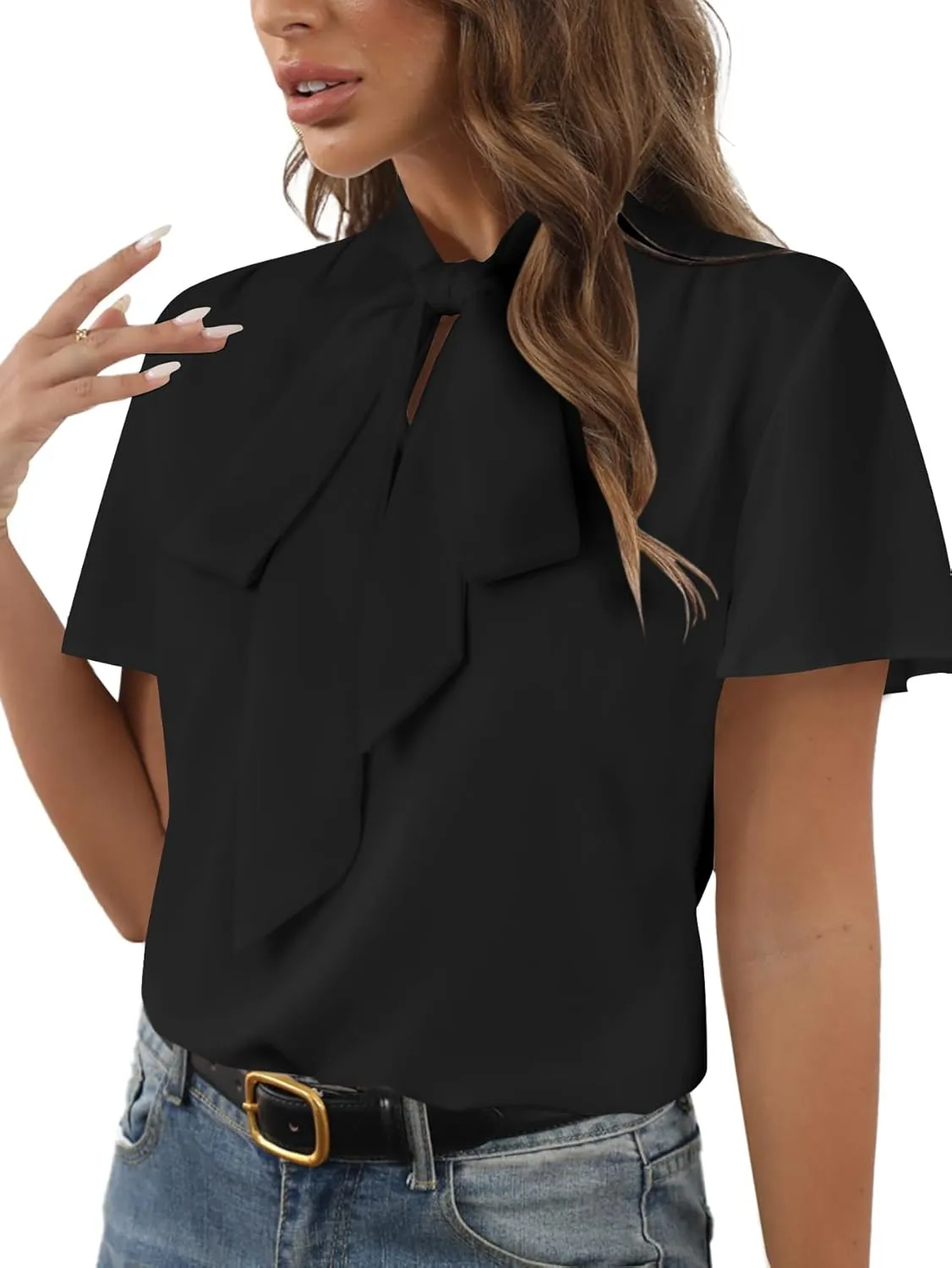 Rooscier Women's Bow Tie Neck Short Sleeve Casual Office Work Blouse Shirts Tops