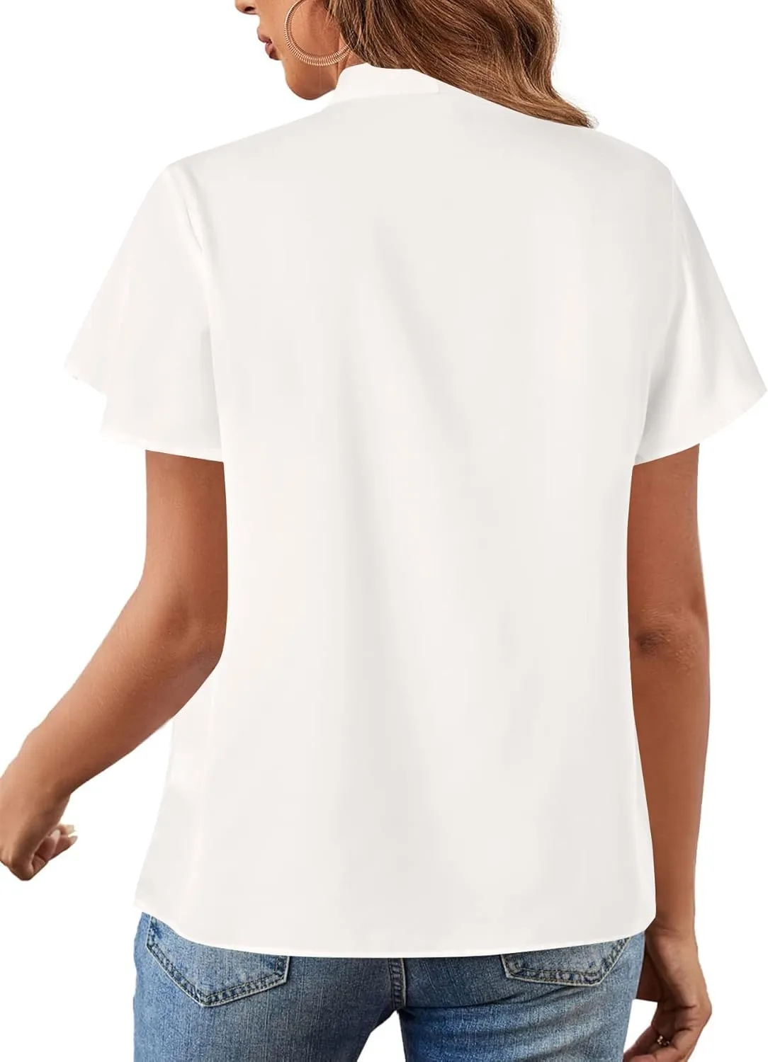 Rooscier Women's Bow Tie Neck Short Sleeve Casual Office Work Blouse Shirts Tops