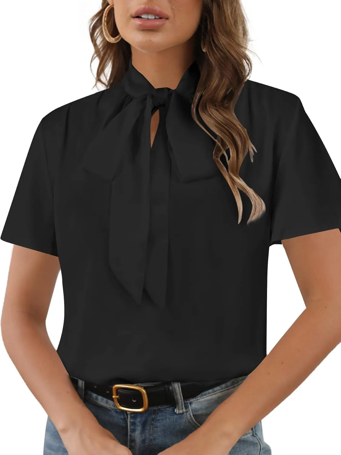 Rooscier Women's Bow Tie Neck Short Sleeve Casual Office Work Blouse Shirts Tops