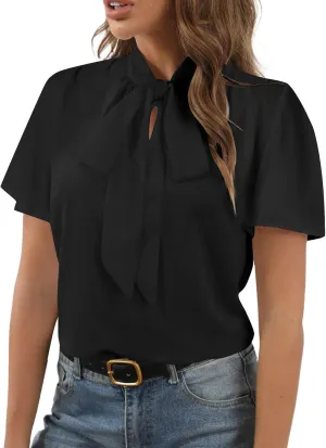 Rooscier Women's Bow Tie Neck Short Sleeve Casual Office Work Blouse Shirts Tops