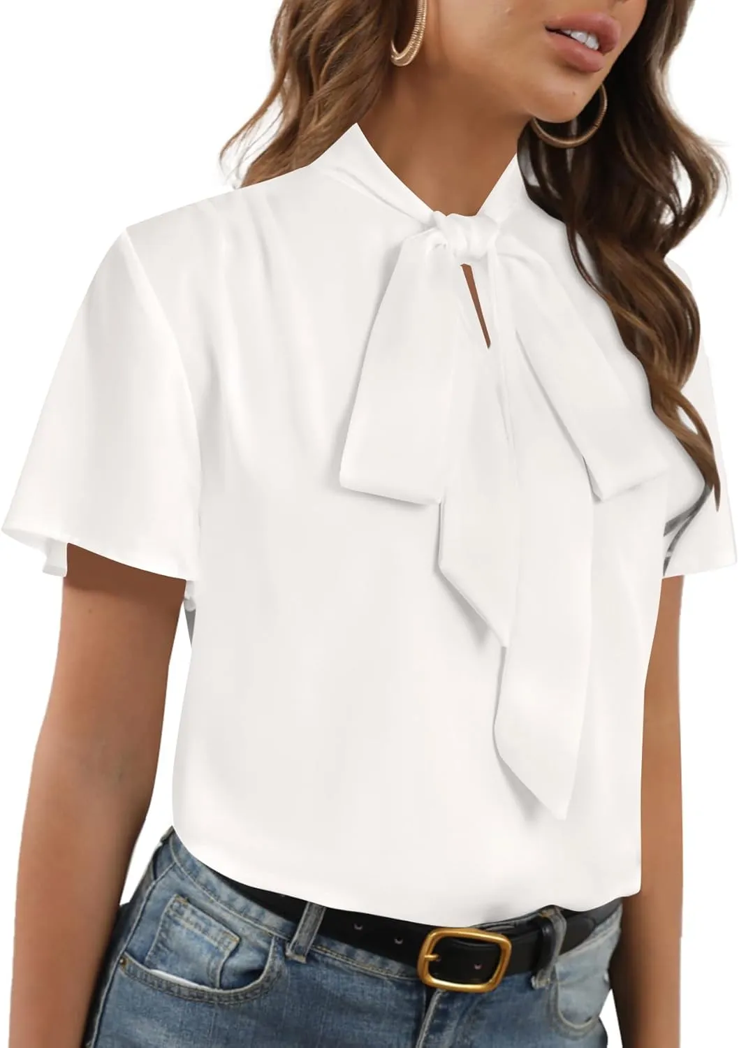 Rooscier Women's Bow Tie Neck Short Sleeve Casual Office Work Blouse Shirts Tops
