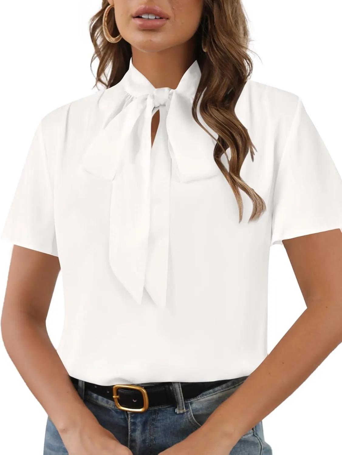 Rooscier Women's Bow Tie Neck Short Sleeve Casual Office Work Blouse Shirts Tops