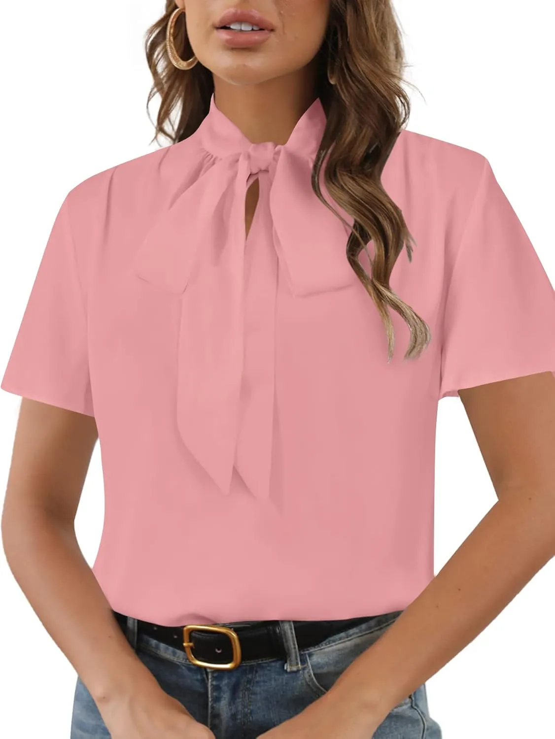 Rooscier Women's Bow Tie Neck Short Sleeve Casual Office Work Blouse Shirts Tops