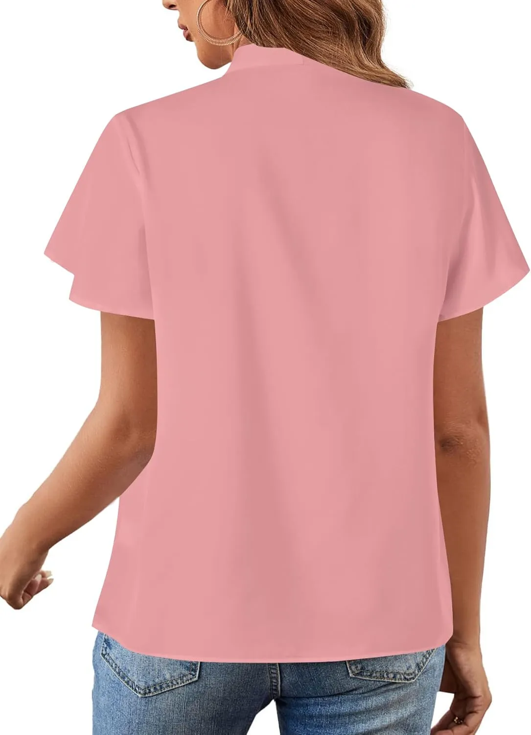 Rooscier Women's Bow Tie Neck Short Sleeve Casual Office Work Blouse Shirts Tops