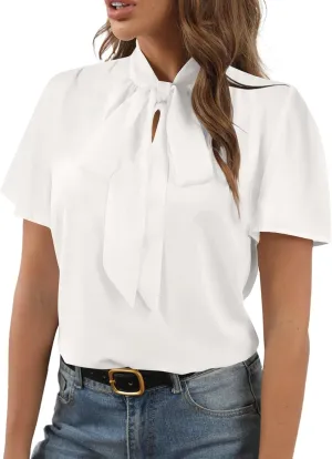 Rooscier Women's Bow Tie Neck Short Sleeve Casual Office Work Blouse Shirts Tops