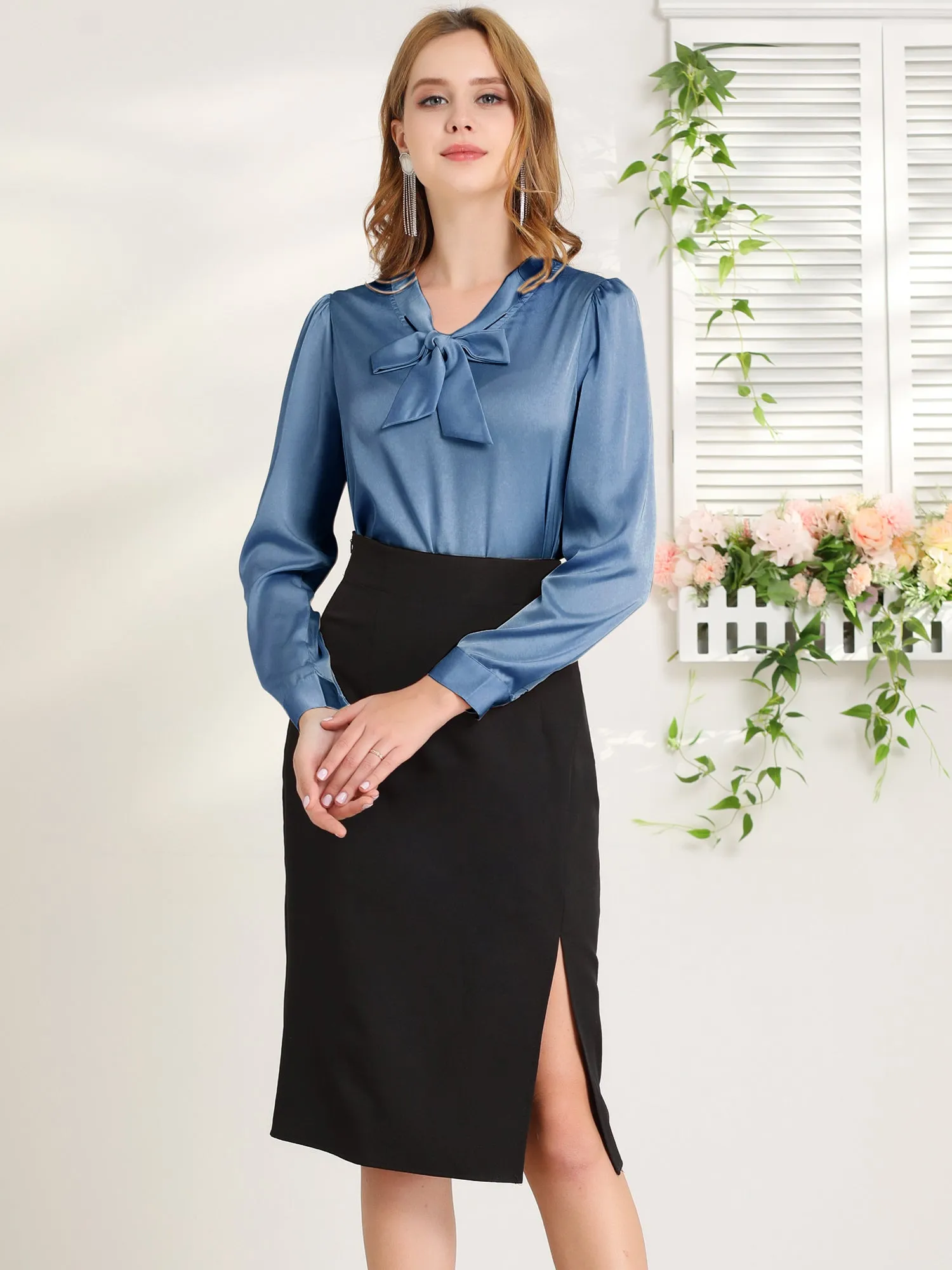 Satin Work Office Blouse Tie Neck Business Casual Top