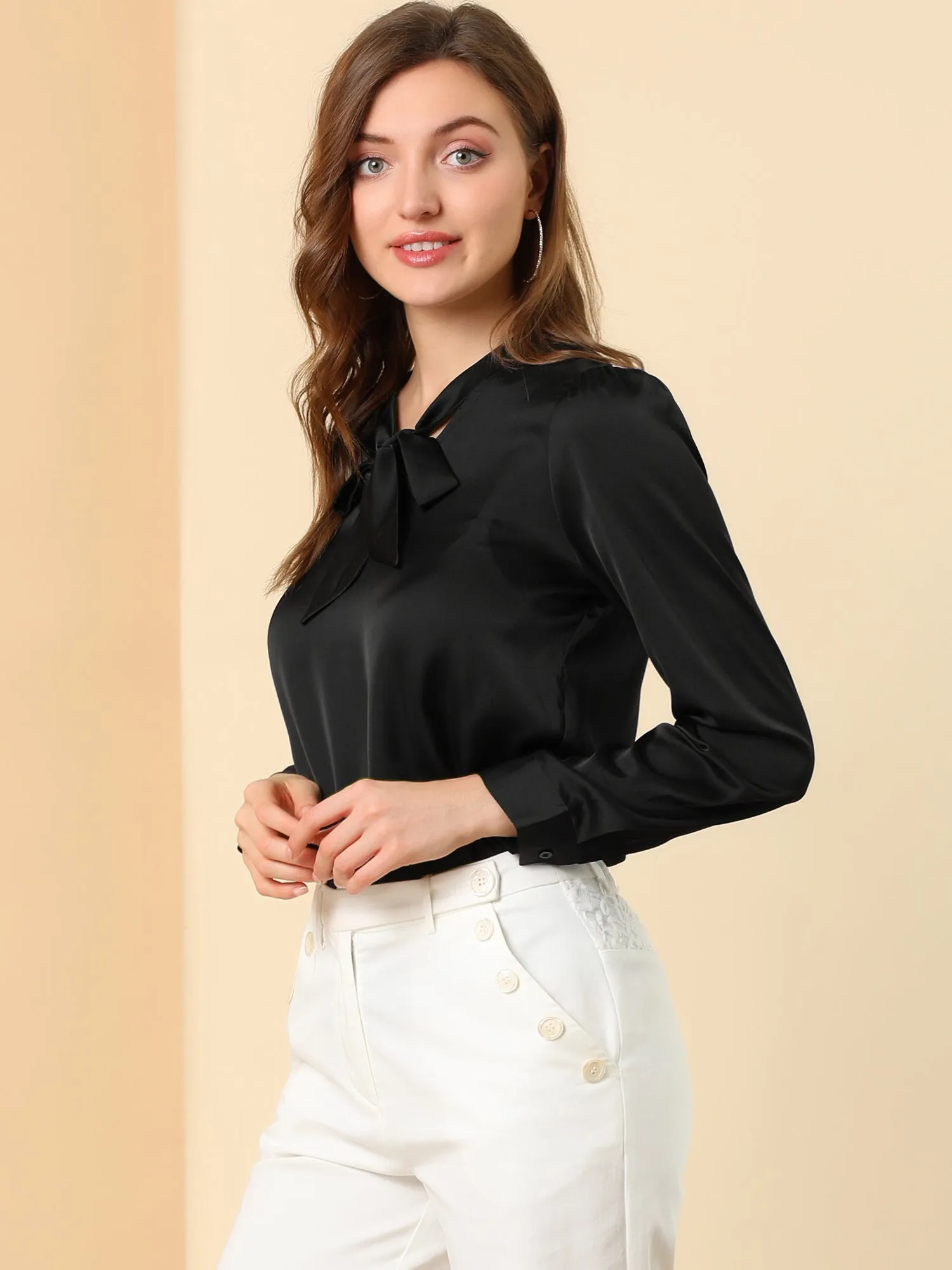 Satin Work Office Blouse Tie Neck Business Casual Top
