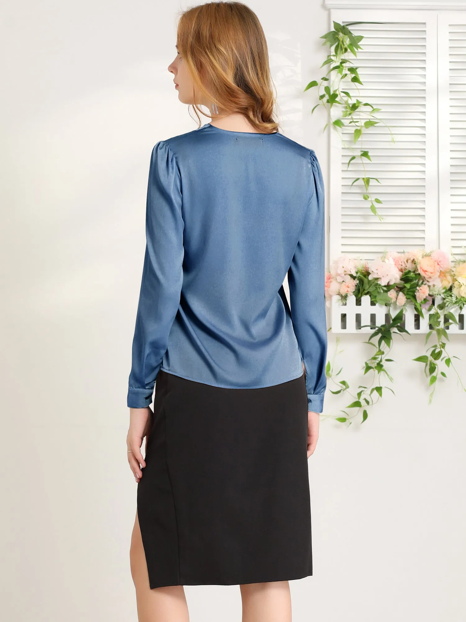 Satin Work Office Blouse Tie Neck Business Casual Top