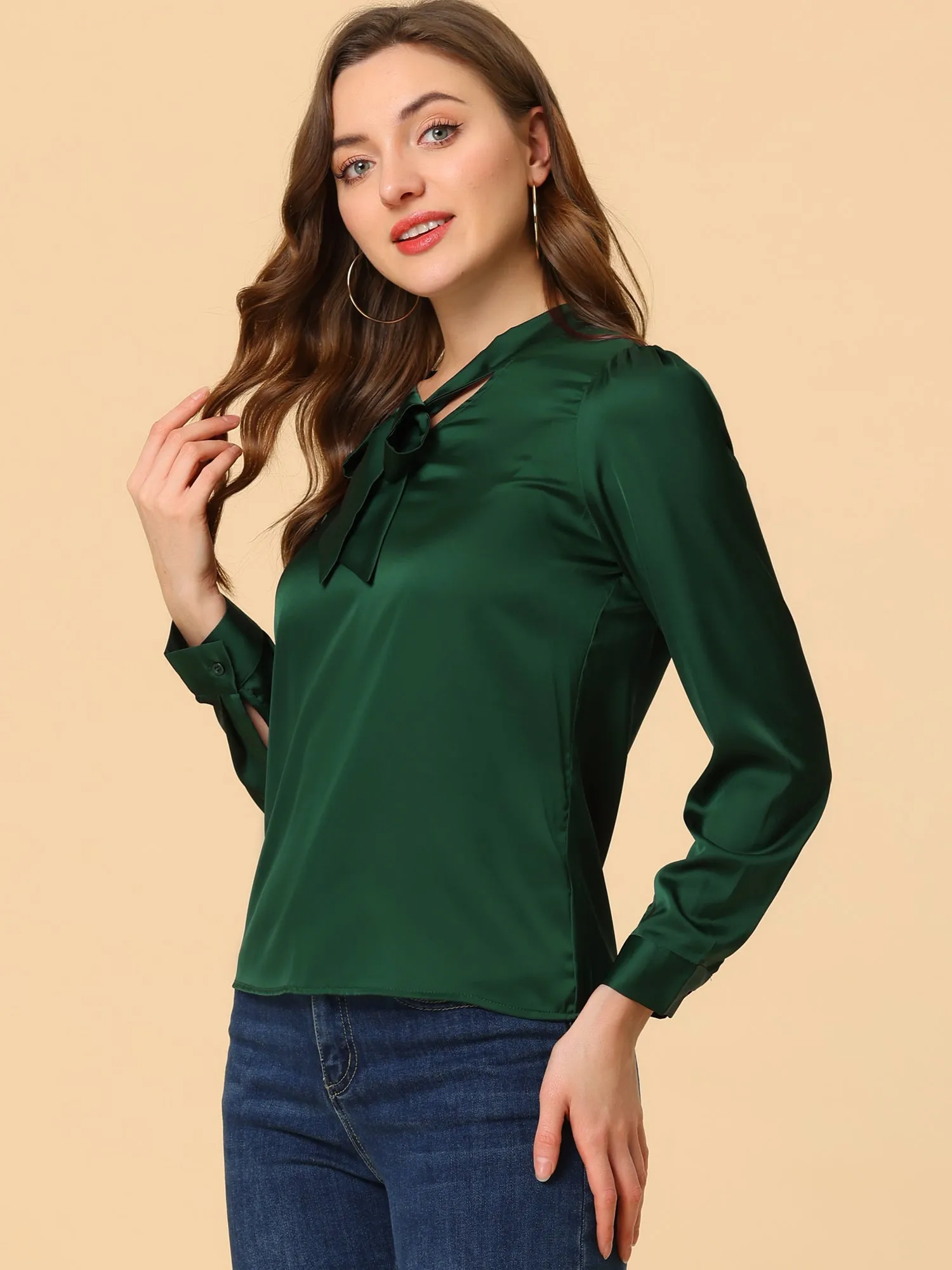 Satin Work Office Blouse Tie Neck Business Casual Top