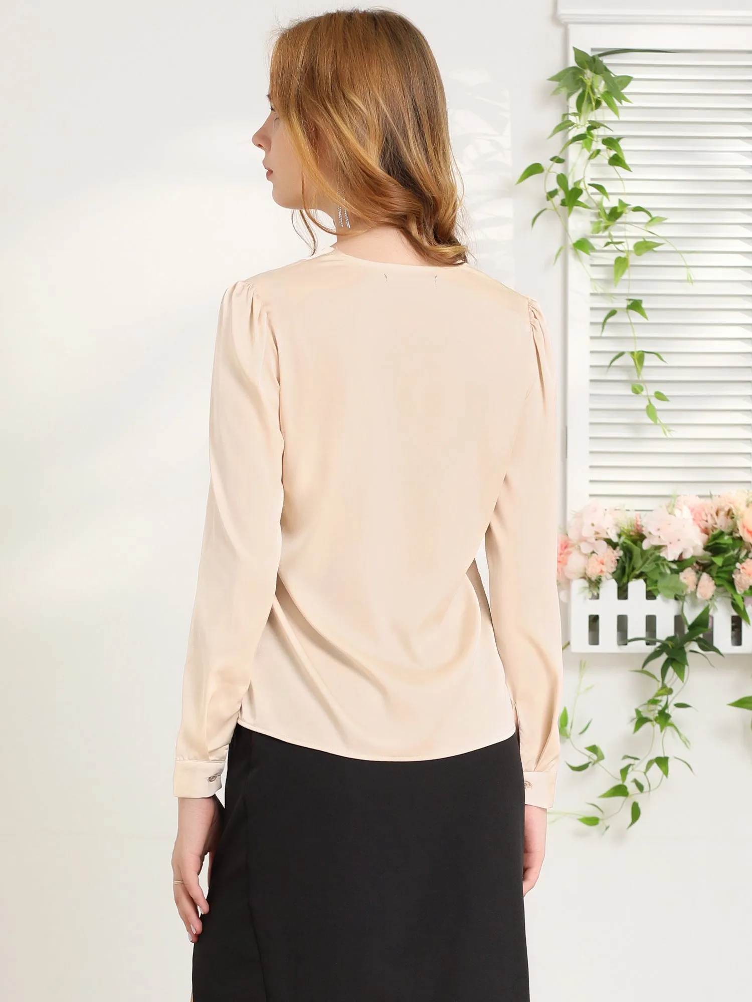 Satin Work Office Blouse Tie Neck Business Casual Top
