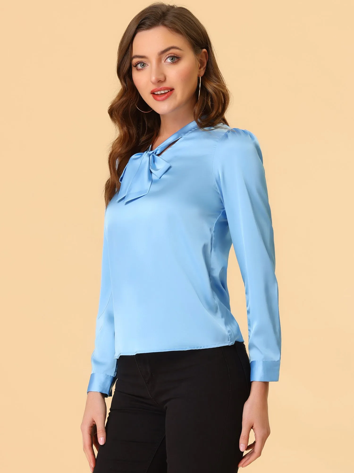 Satin Work Office Blouse Tie Neck Business Casual Top