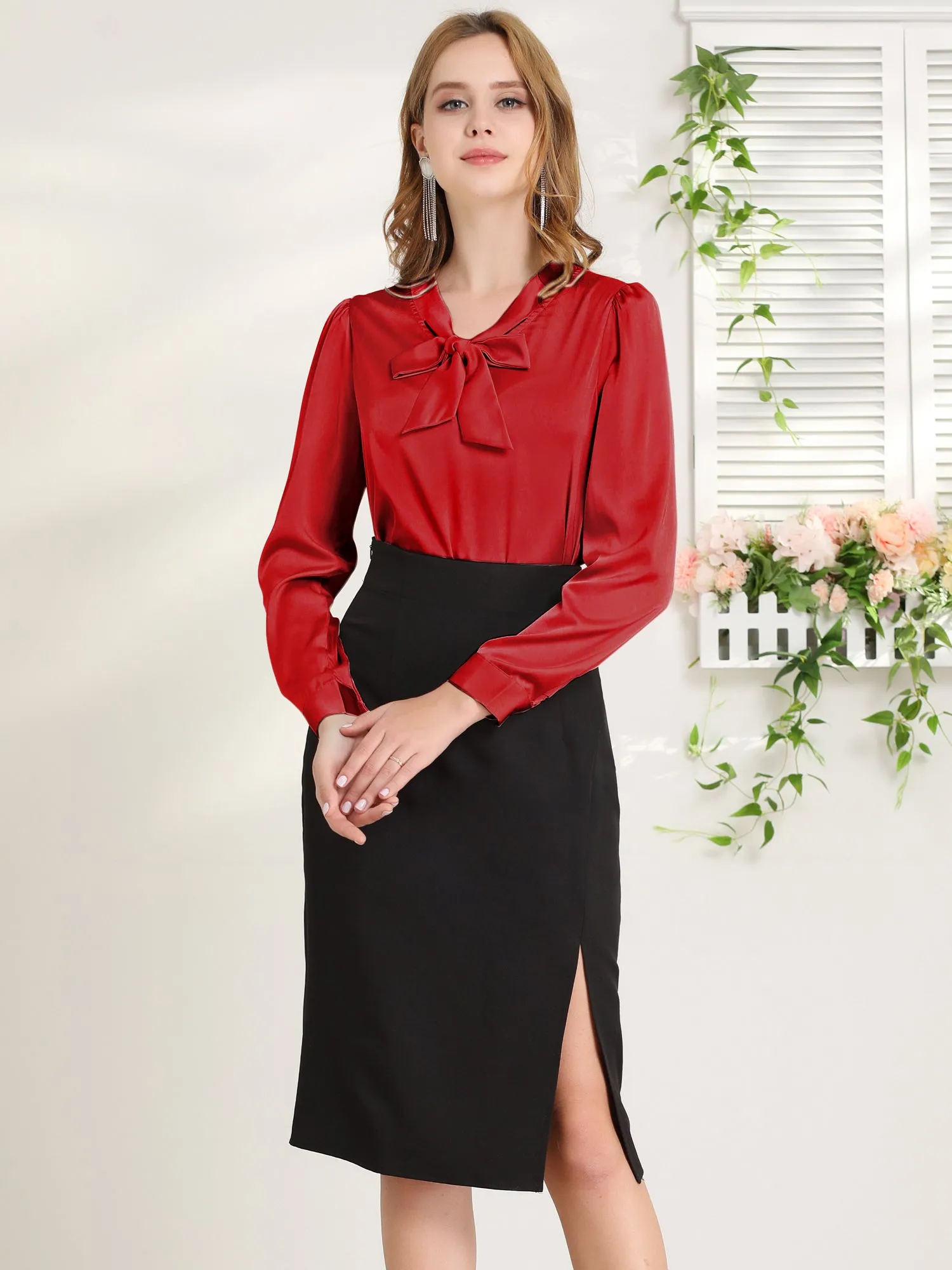 Satin Work Office Blouse Tie Neck Business Casual Top