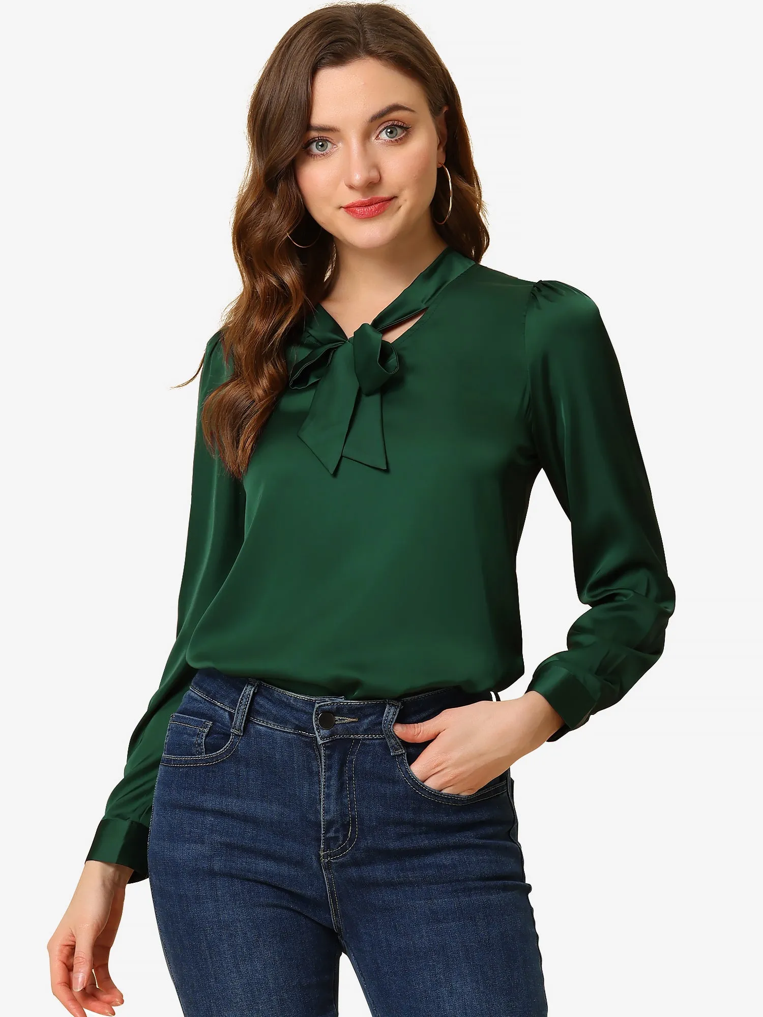 Satin Work Office Blouse Tie Neck Business Casual Top