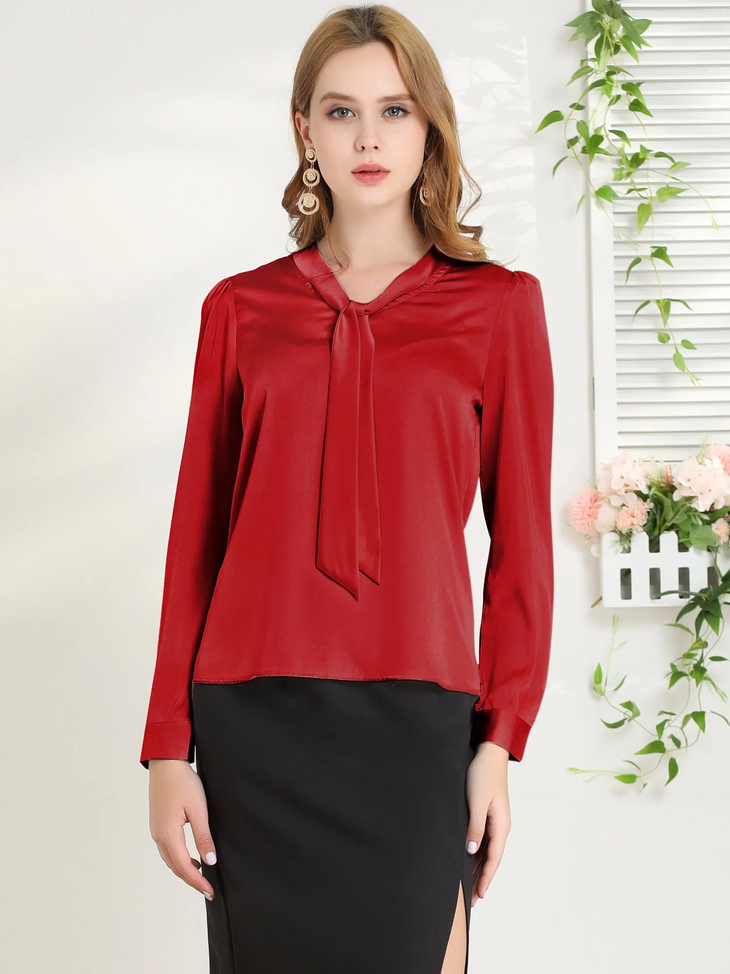 Satin Work Office Blouse Tie Neck Business Casual Top