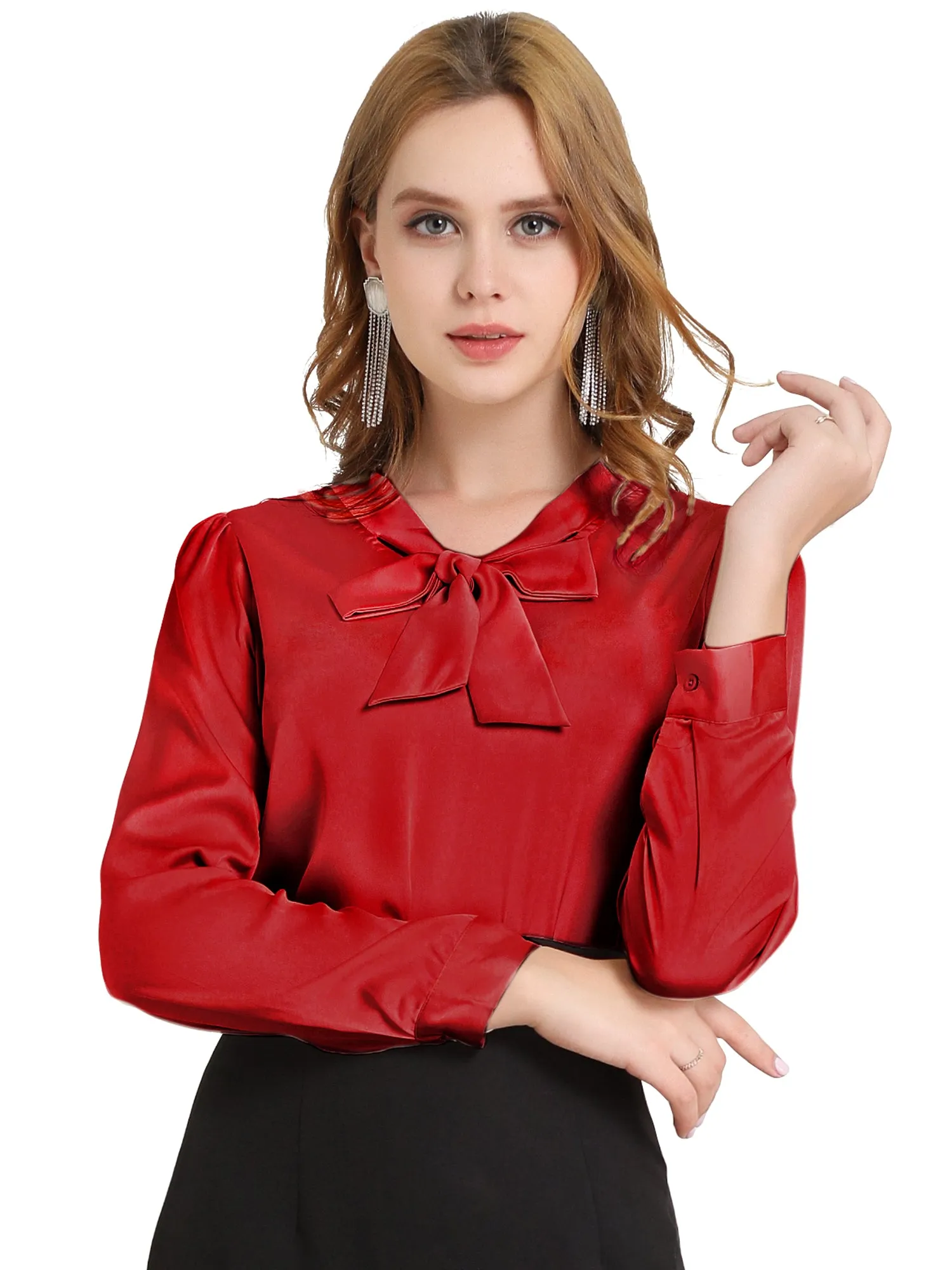 Satin Work Office Blouse Tie Neck Business Casual Top
