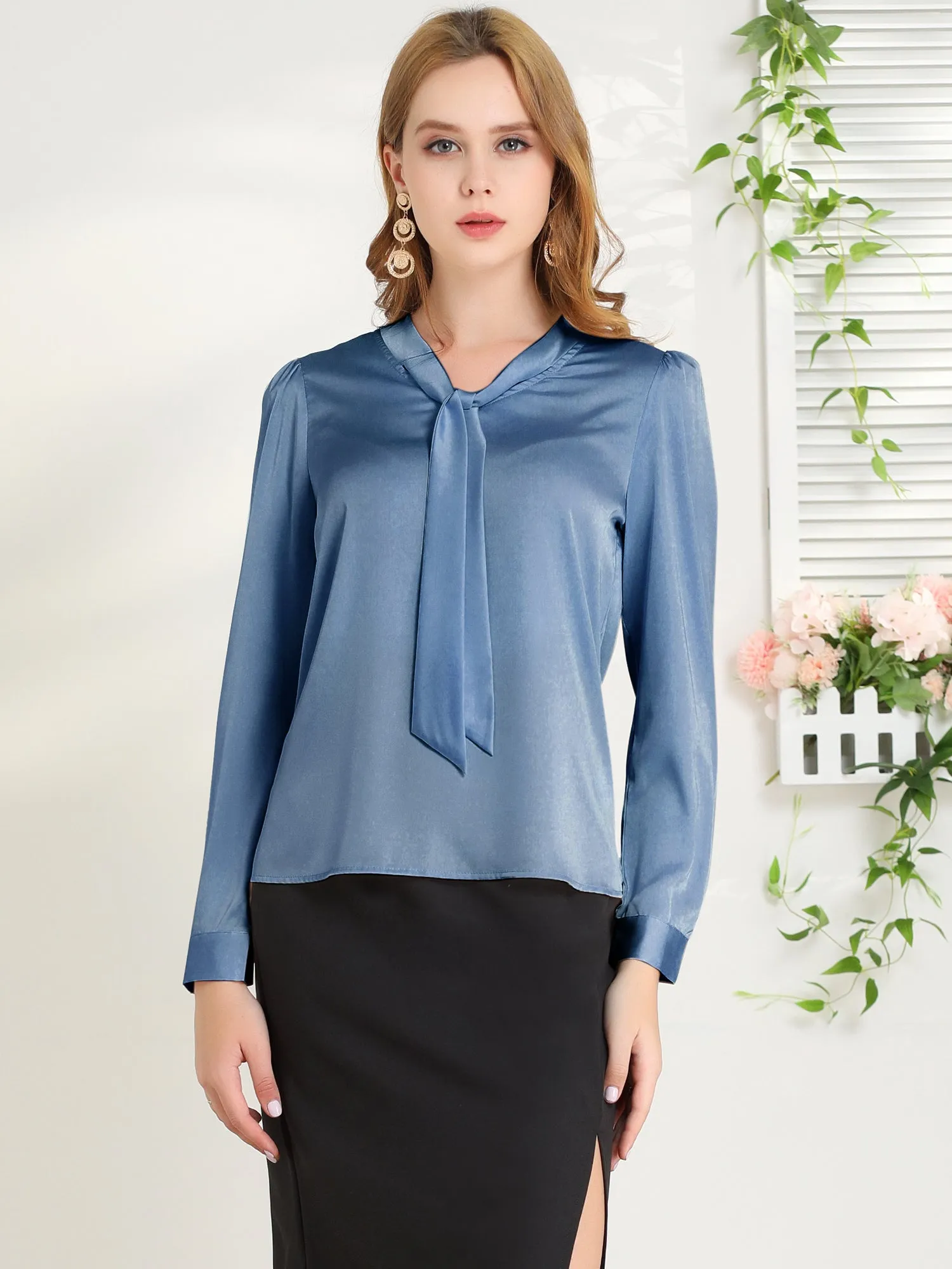 Satin Work Office Blouse Tie Neck Business Casual Top