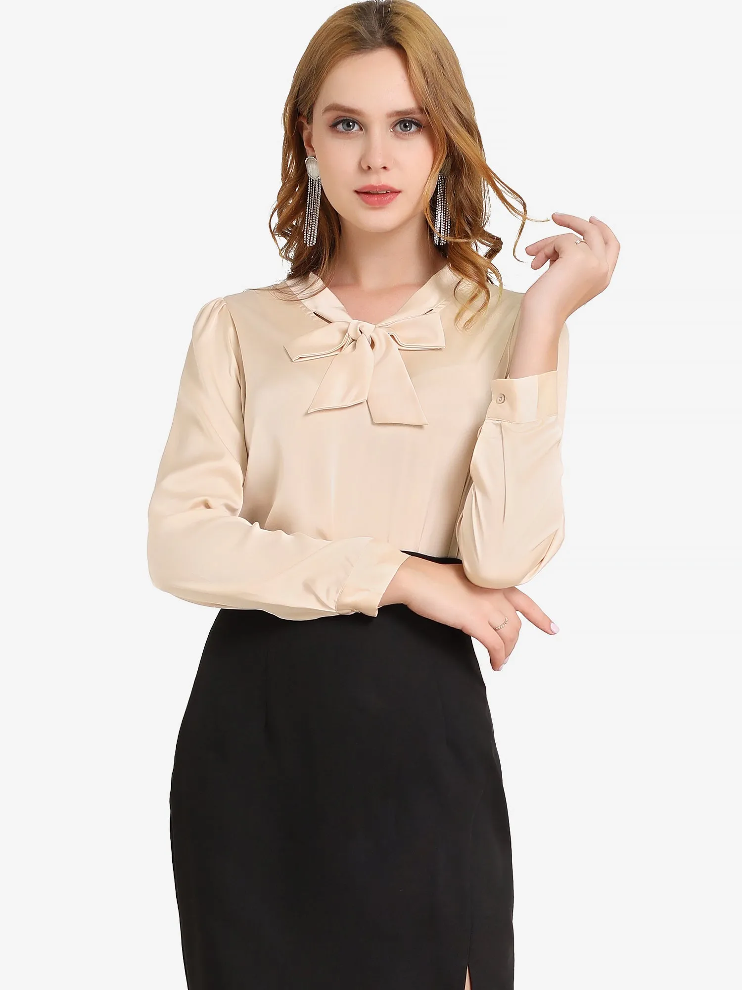 Satin Work Office Blouse Tie Neck Business Casual Top